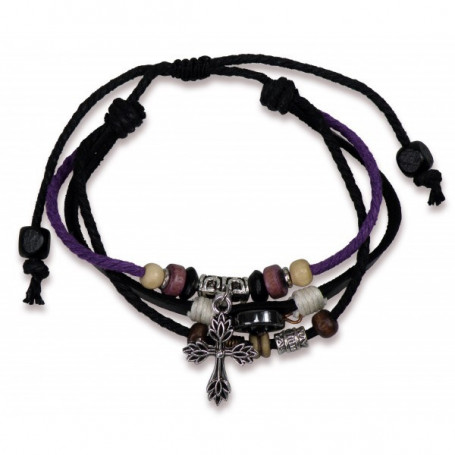 Bracelet cuir avec perles et pendentif croix argentée - 75253 - Uljo