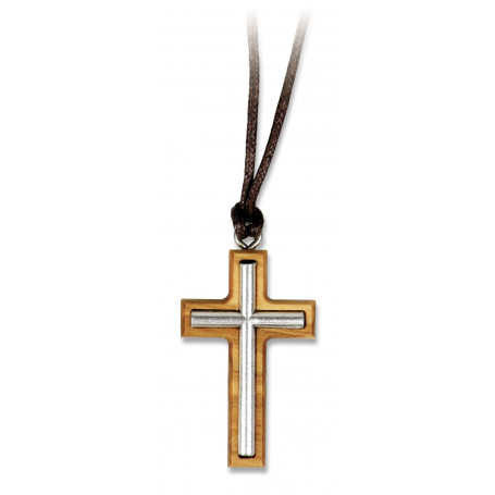 Pendentif Croix argentée sur bois d'olivier avec cordon – 75187 - Uljo