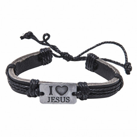 Bracelet en cuir brun avec plaque métal I Love Jesus - 6063 - Praisent