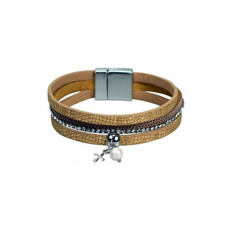Bracelet 3 bandes simili cuir pendentif croix et perle - doré/beige - 752669 - Uljo