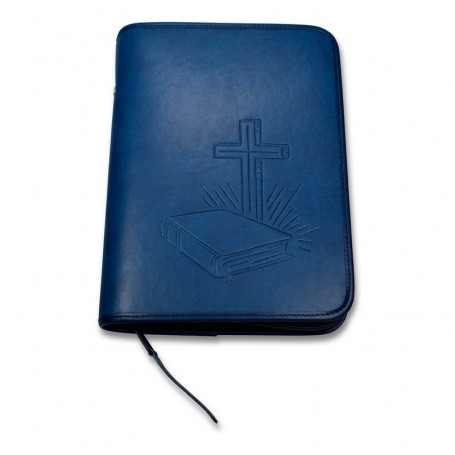 Housse de Bible en similicuir motif Croix/Bible embossé Bleu - Petite