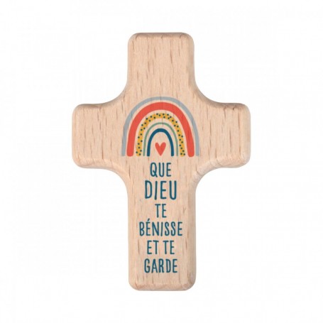 Mini croix en bois Arc-en-Ciel - Que Dieu te bénisse et te garde - 4x6cm - 78308