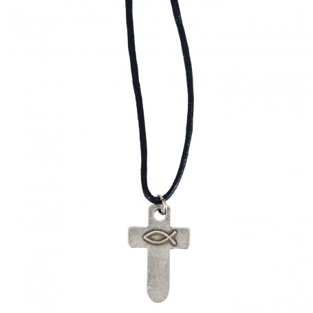 Collier pendentif Tobias - croix en métal avec Ichthus - 6062