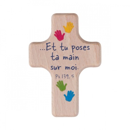 Mini croix en bois Empreintes Mains - Et tu poses ta main sur moi - 4x6cm - 78313